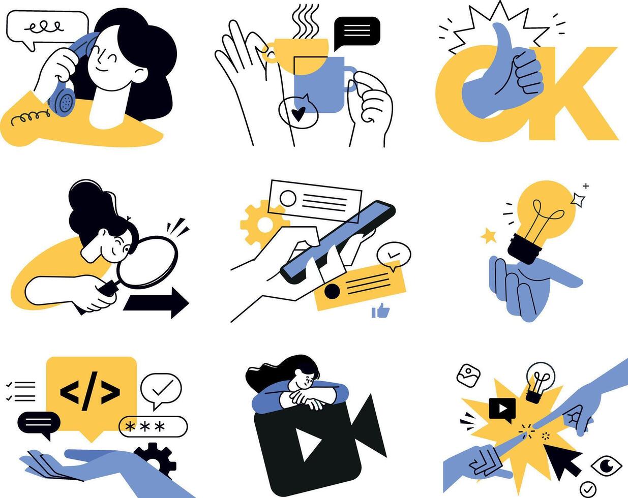 Design and marketing concept illustrations. Set of modern illustrations of digital marketing, social media and networking, graphic and web design and development, creative idea and innovation. vector