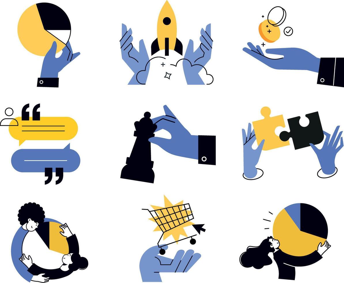 Business and finance concept illustrations. illustrations of startup, business strategy and planning, ecommerce, data analytics, management, project development, for graphic and web design. vector
