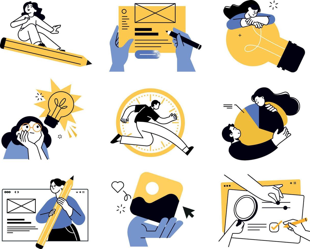 Design and marketing concept illustrations. Set of modern illustrations of digital marketing, social media and networking, graphic and web design and development, creative idea and innovation. vector