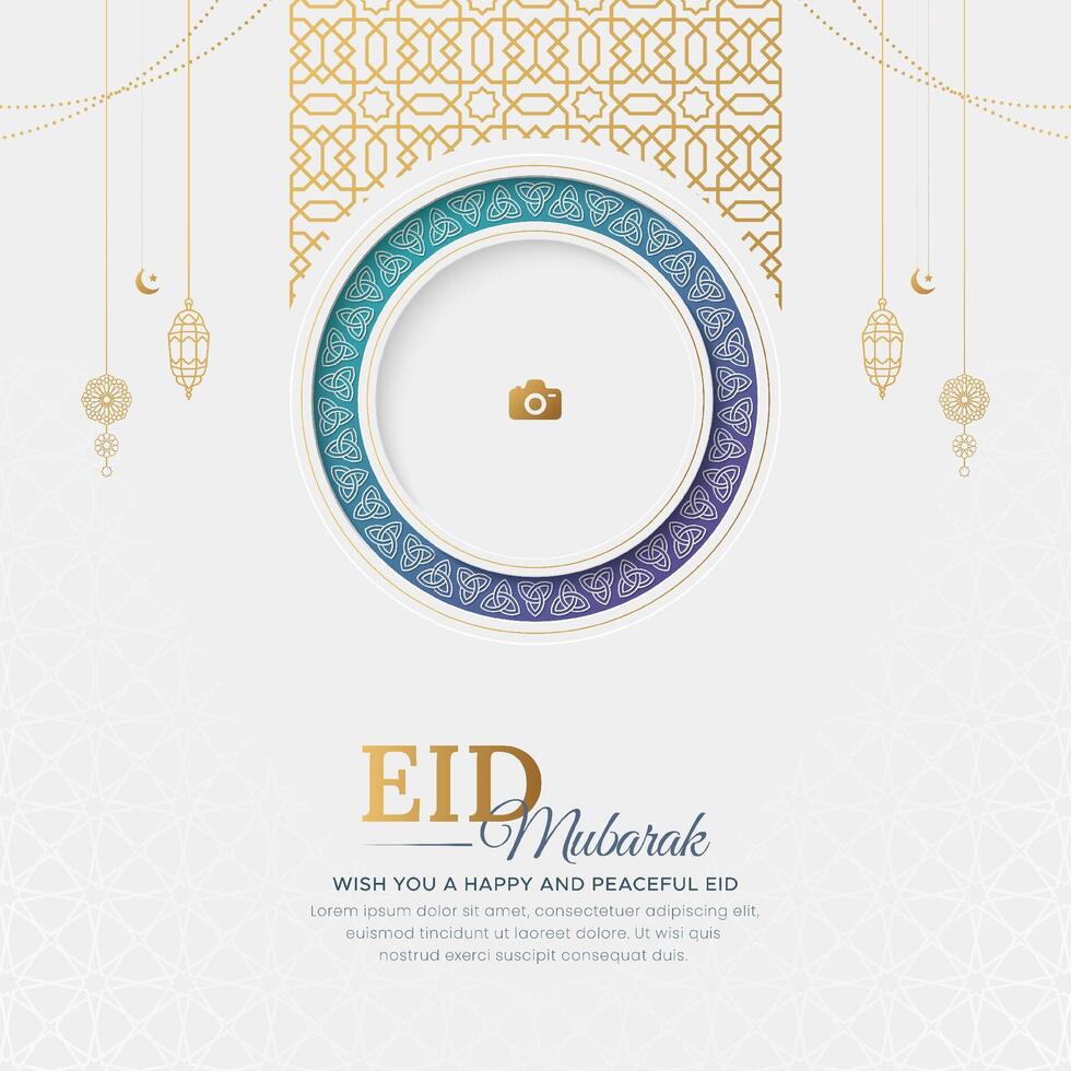 Eid Mubarak Islamic ornamental greeting card with decorative photo frame vector