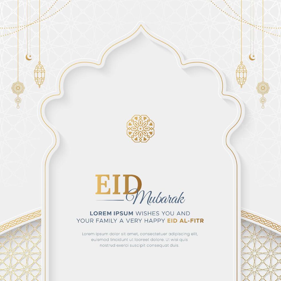 Eid Mubarak Islamic luxury greeting card with Arabic arch and pattern vector