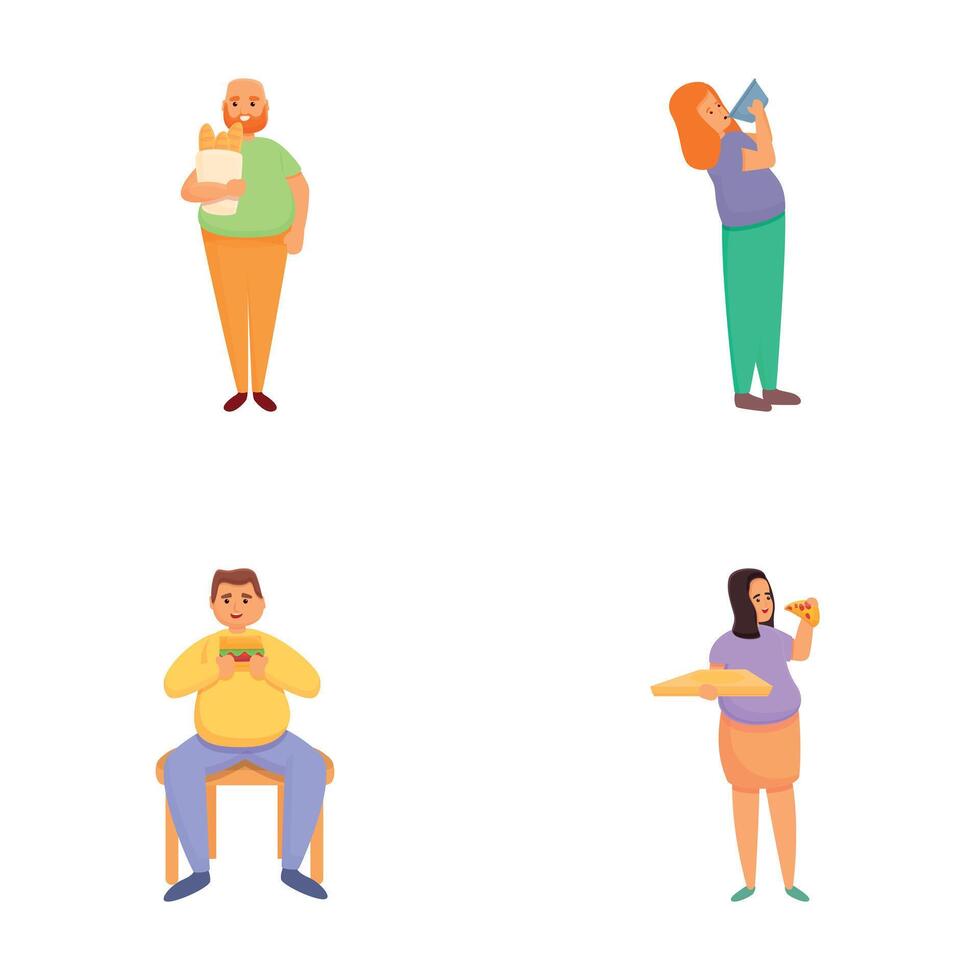Overweight person icons set cartoon vector. Various overweight people eating vector
