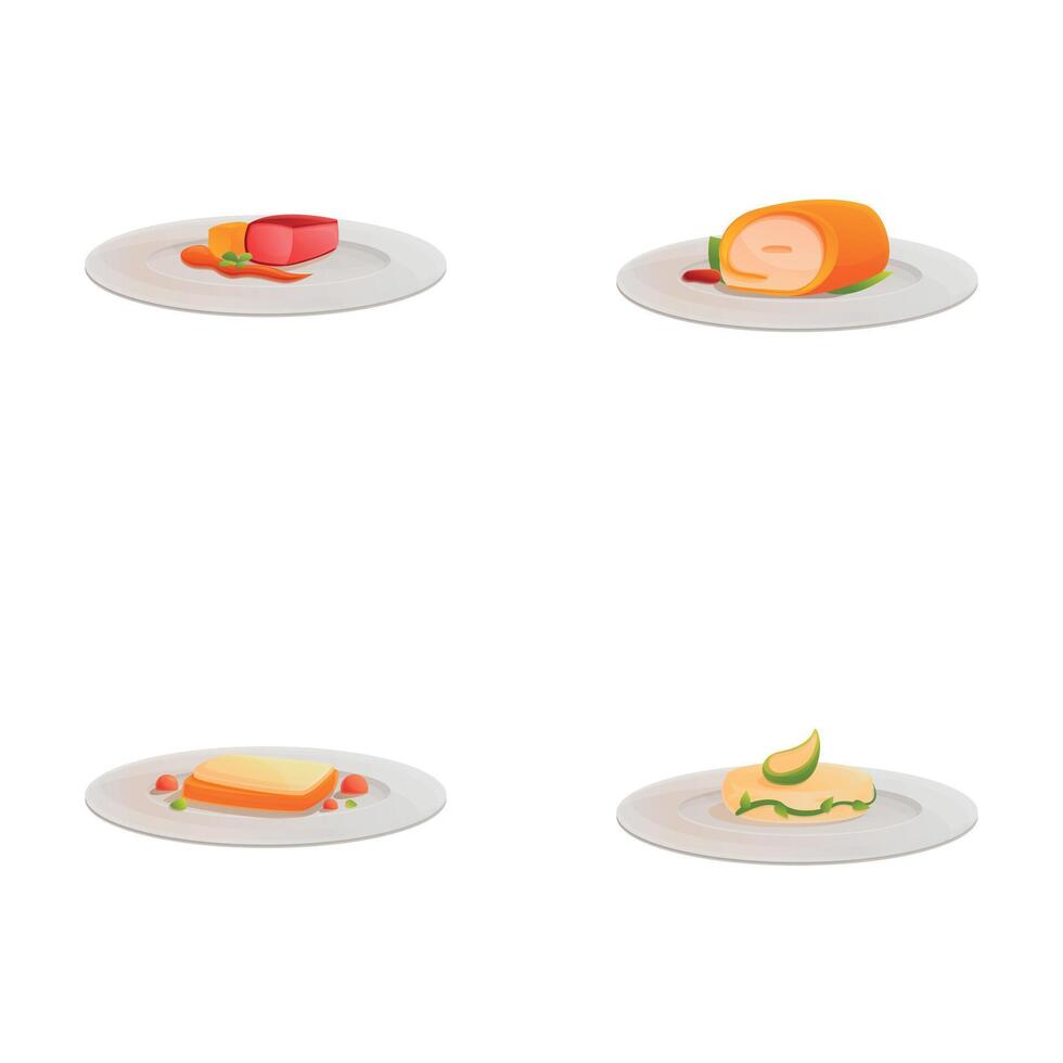 Fresh dish icons set cartoon vector. Meat fish vegetable and dessert vector