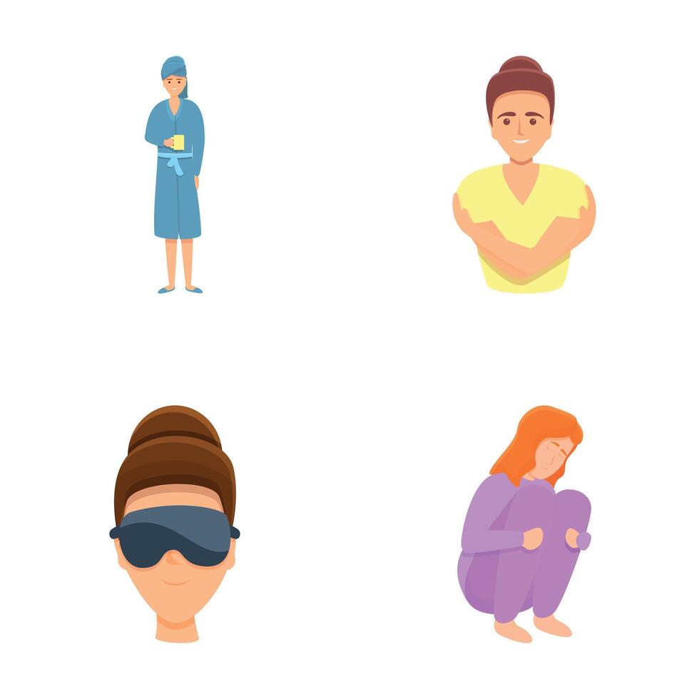 Self care icons set cartoon vector. Relaxing pleasant home activity for pleasure vector
