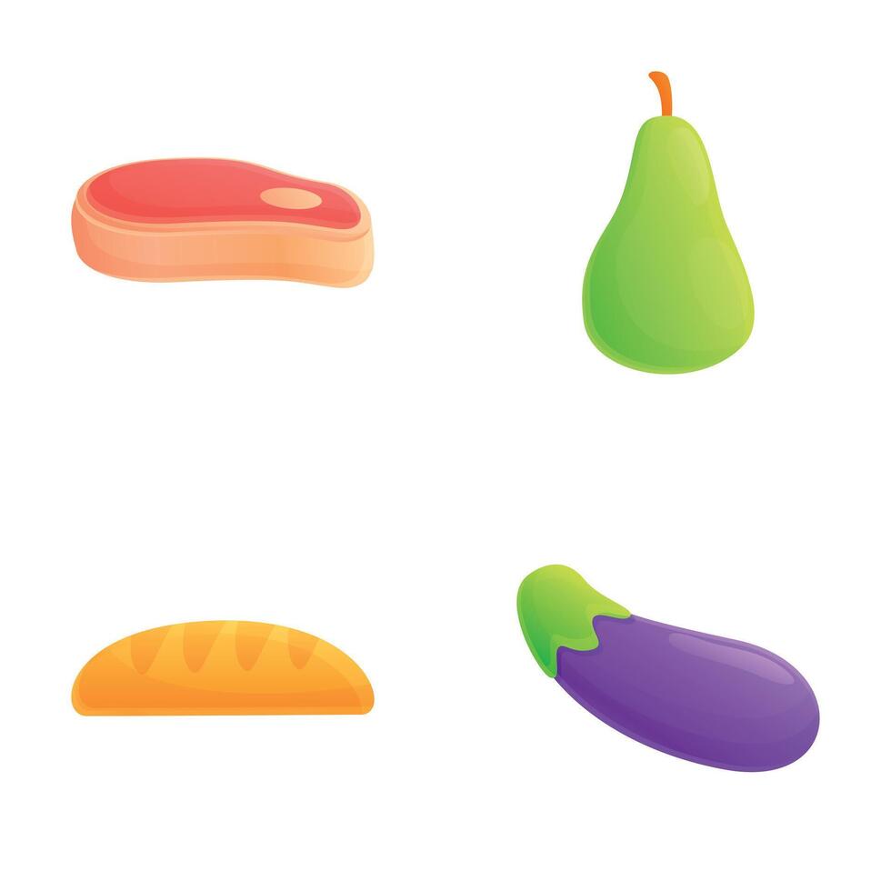 Different product icons set cartoon vector. Meatloin bread eggplant and pear vector