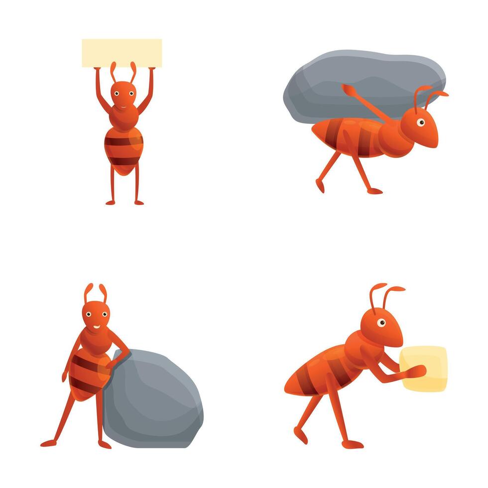 Little ant icons set cartoon vector. Cartoon ant at work vector