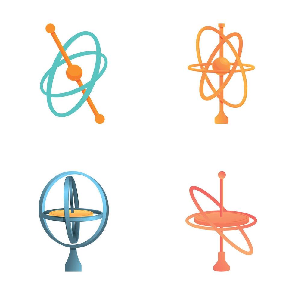 Gyroscope device icons set cartoon vector. Various gyroscope with rotating disc vector