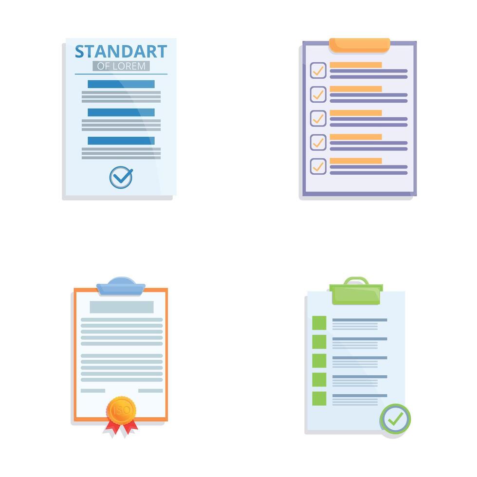 Quality control icons set cartoon vector. Various document with quality mark vector