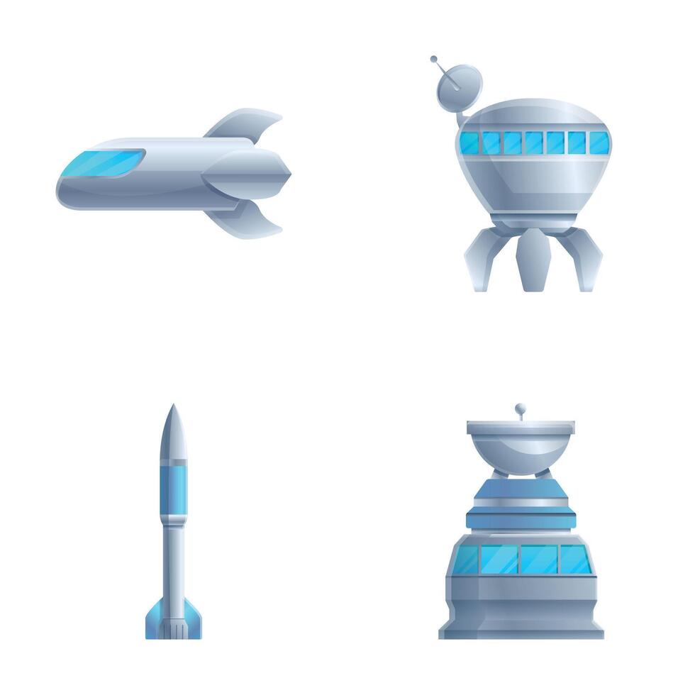 Space transportation icons set cartoon vector. Rocket space station and shuttle vector