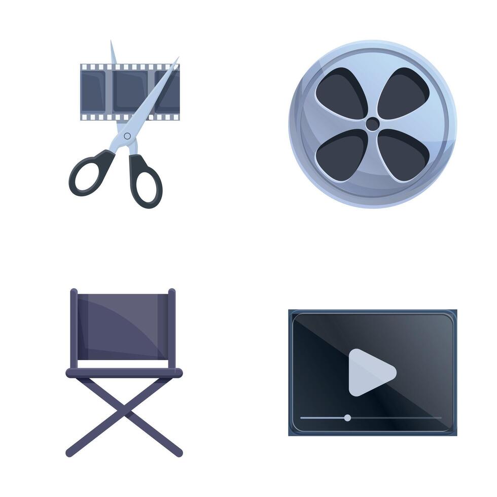 Film production icons set cartoon vector. Professional filming equipment vector