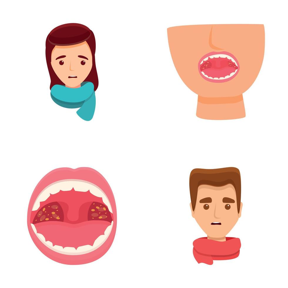 Throat patient icons set cartoon vector. Man and woman with sore throat vector