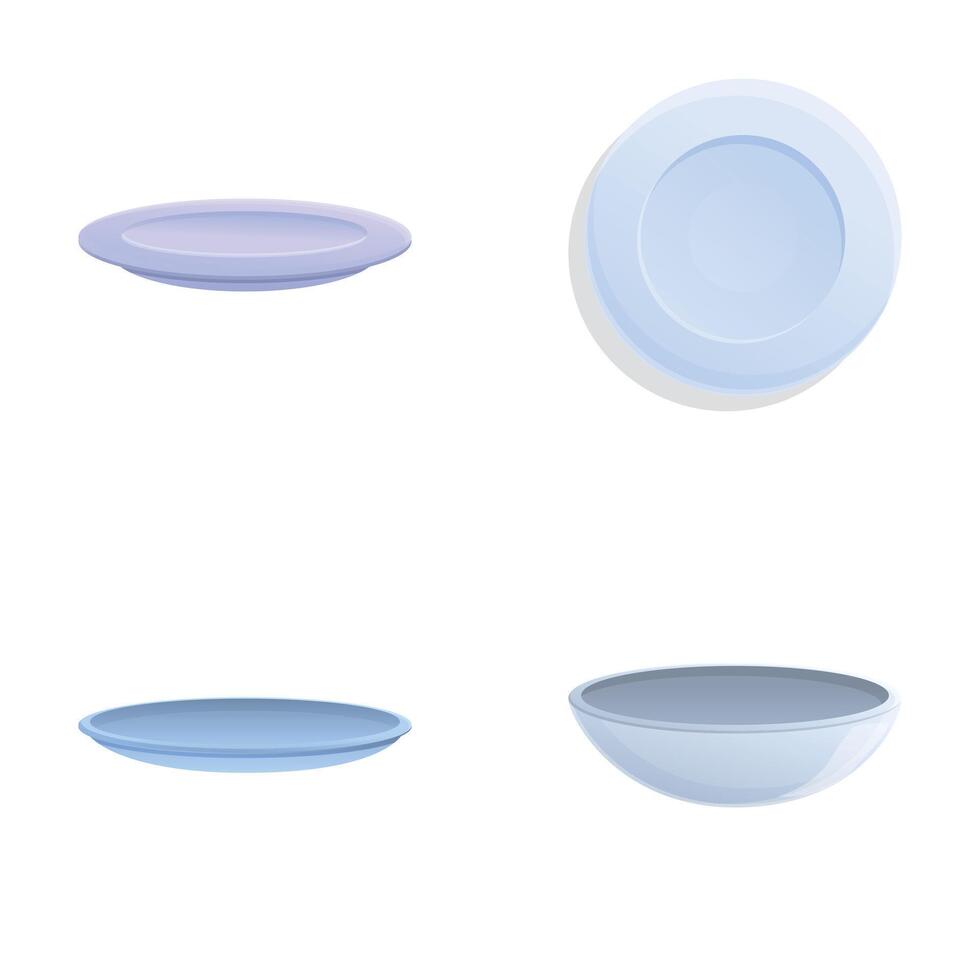 Porcelain plate icons set cartoon vector. White plate of of various shape vector