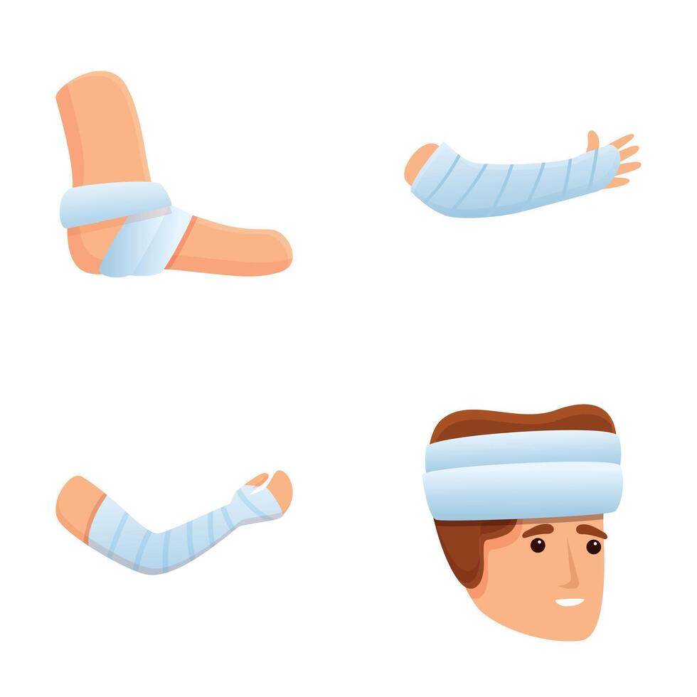 Application bandage icons set cartoon vector. Trauma bandaging technique vector