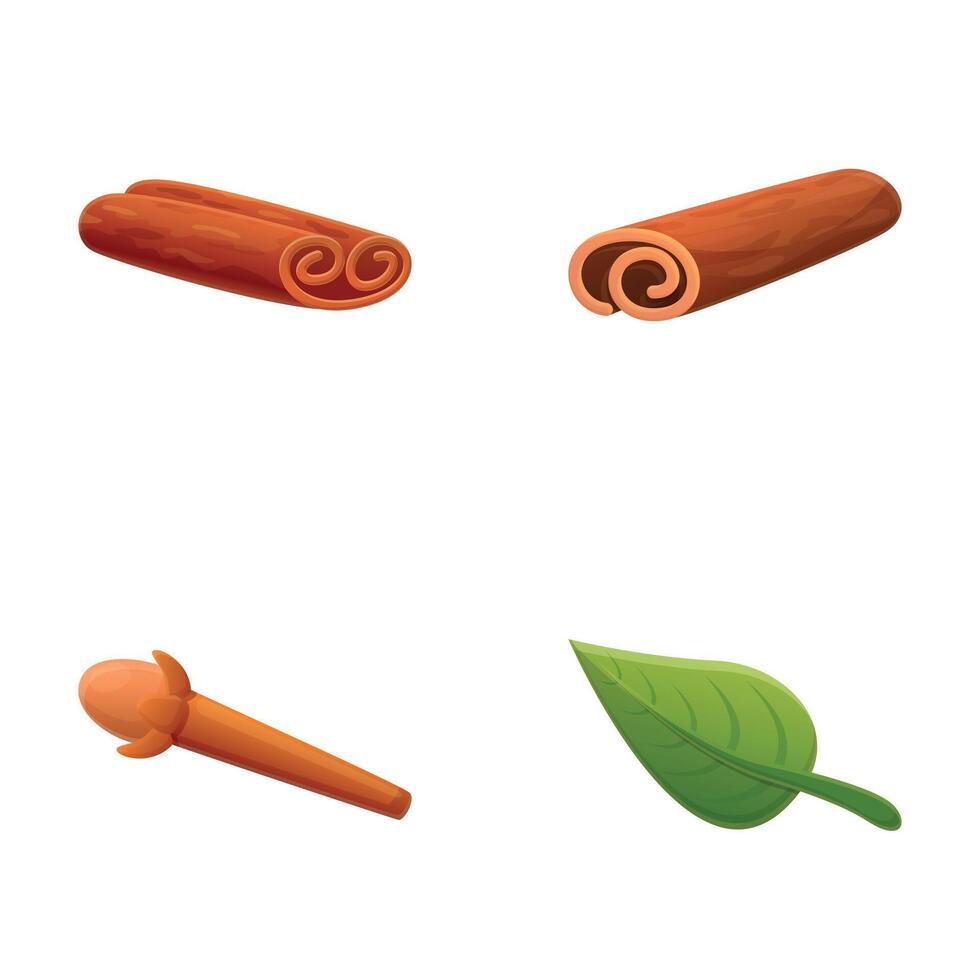 Spice icons set cartoon vector. Dried aromatic cinnamon stick and cloves vector