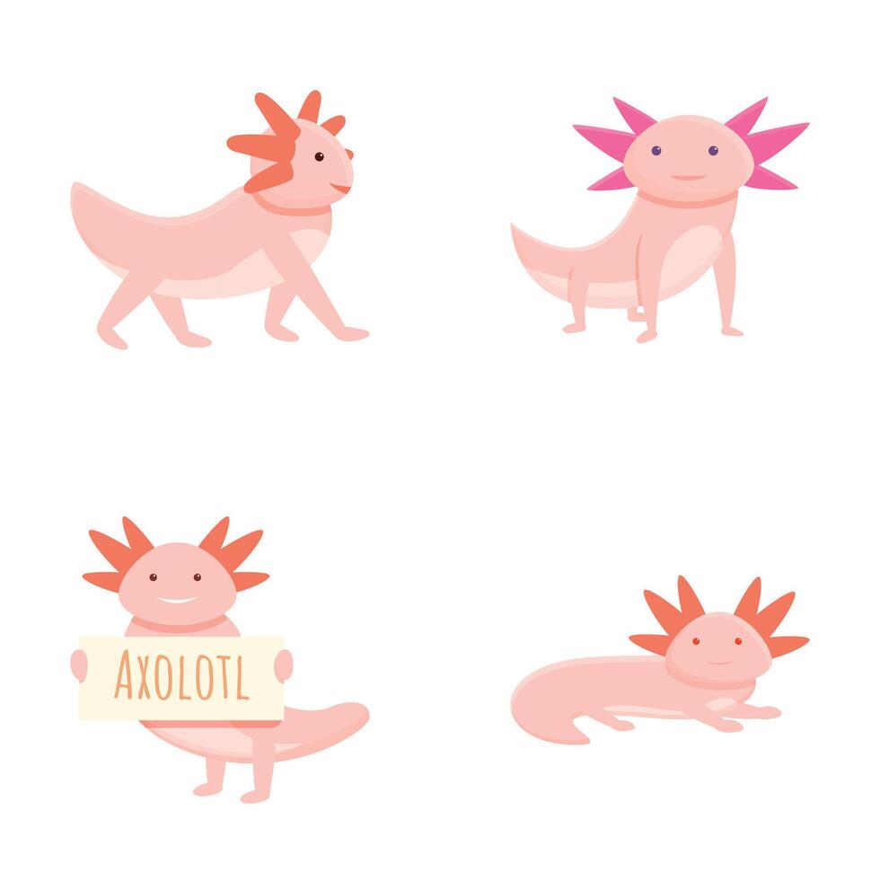 Pink axolotl icons set cartoon vector. Cute cartoon axolotl vector