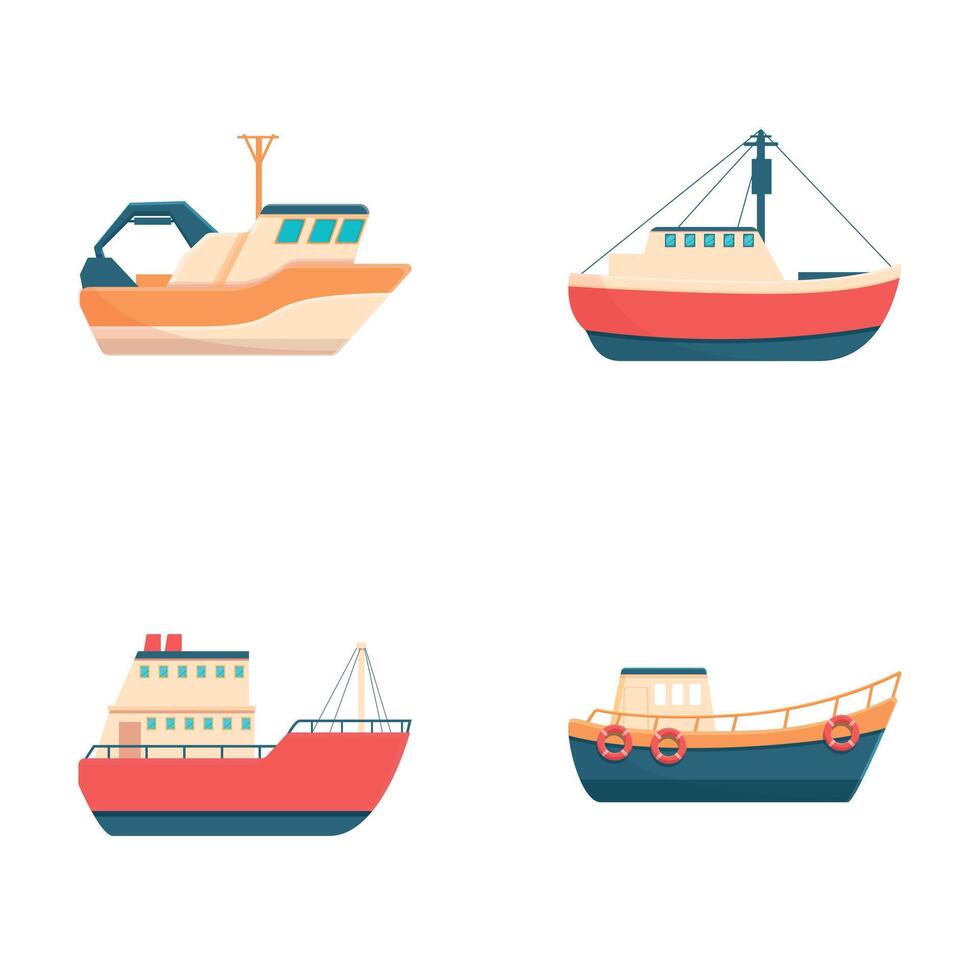 Fishing trawler icons set cartoon vector. Colorful commercial fishing boat vector