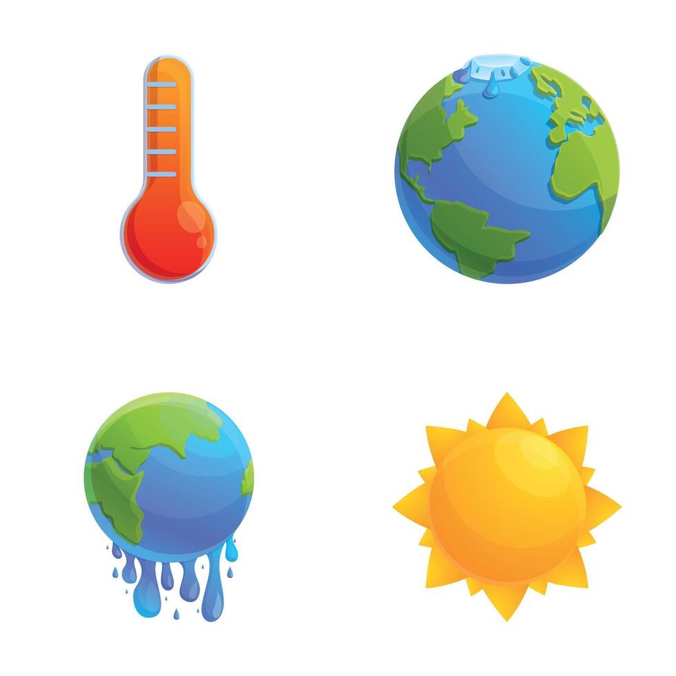 Global warming icons set cartoon vector. Melting planet earth and thermometer vector