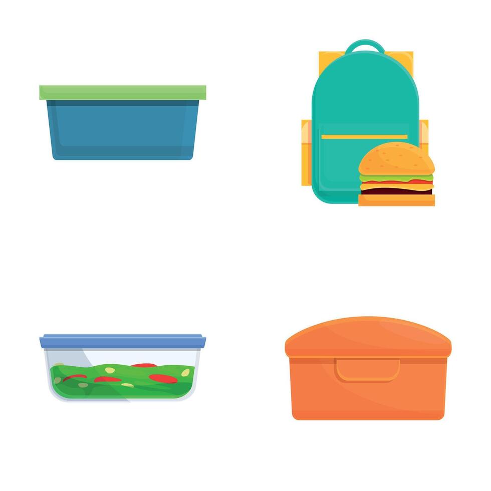 School lunch icons set cartoon vector. Backpack and food container vector