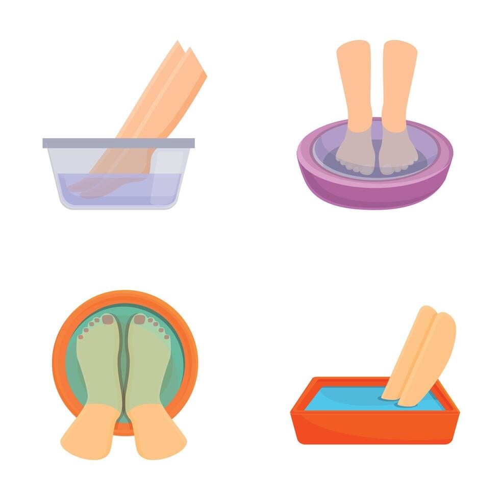 Foot care icons set cartoon vector. Female feet soaking in bowl with water vector