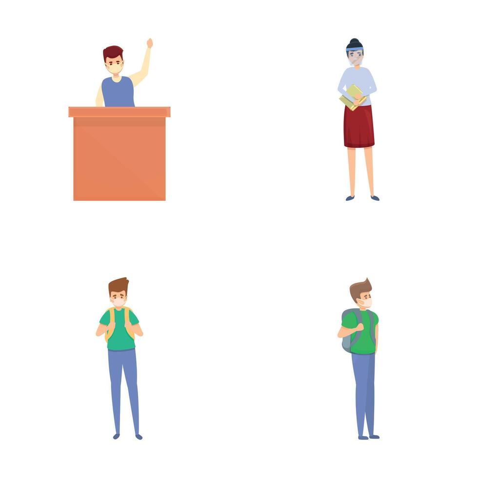 Pandemic learning icons set cartoon vector. Teacher and student in face mask vector