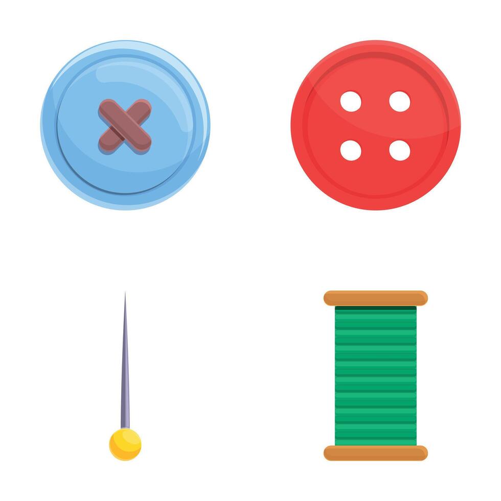 Needlework tool icons set cartoon vector. Spool of thread pin and button vector