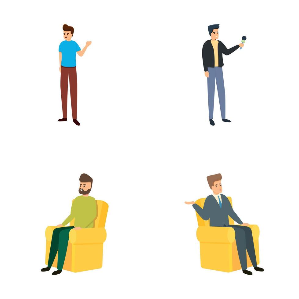 Tv show icons set cartoon vector. Professional journalist and interviewer vector