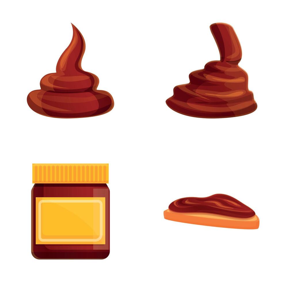Chocolate spread icons set cartoon vector. Chocolate spread jar and sandwich vector