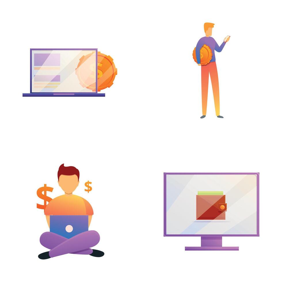Blog monetization icons set cartoon vector. Video channel monetization vector