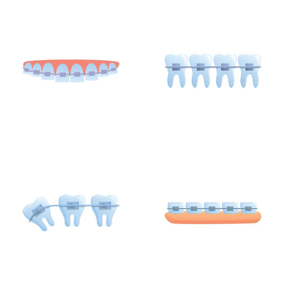Bite correction icons set cartoon vector. Orthodontic brace system on teeth vector
