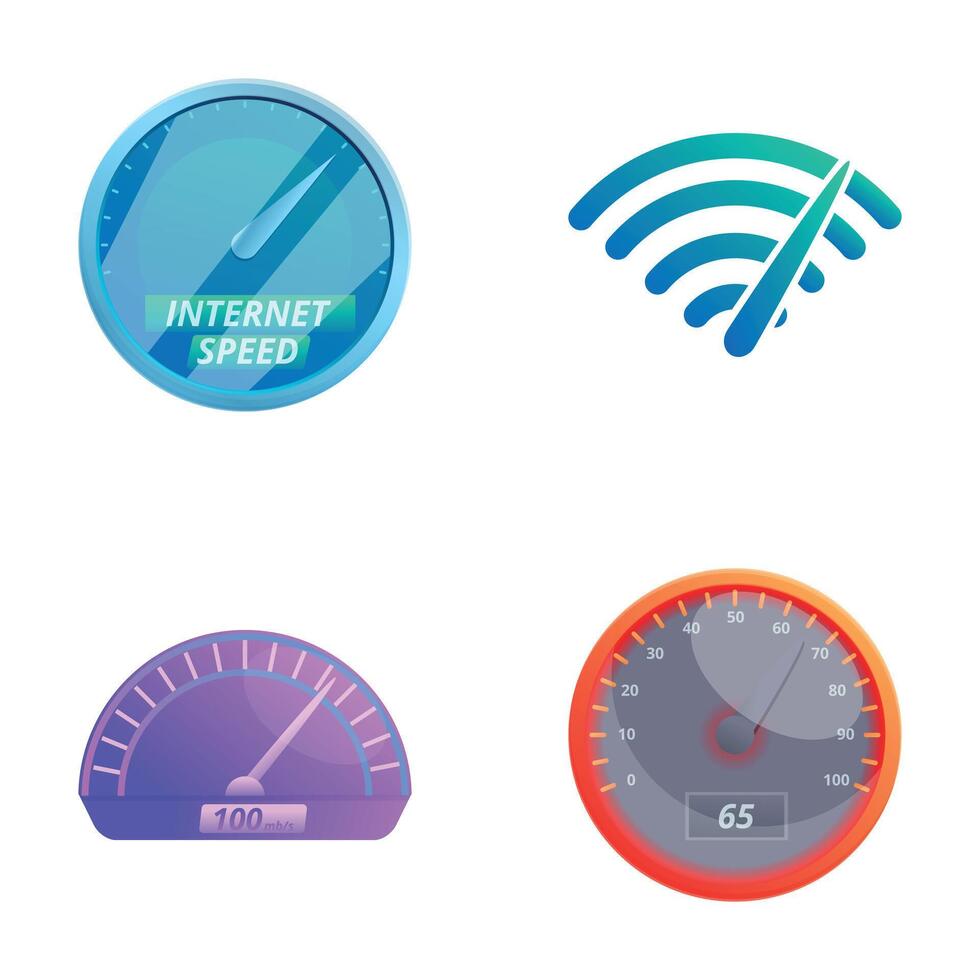 Speed meter icons set cartoon vector. Different type of speedometer vector