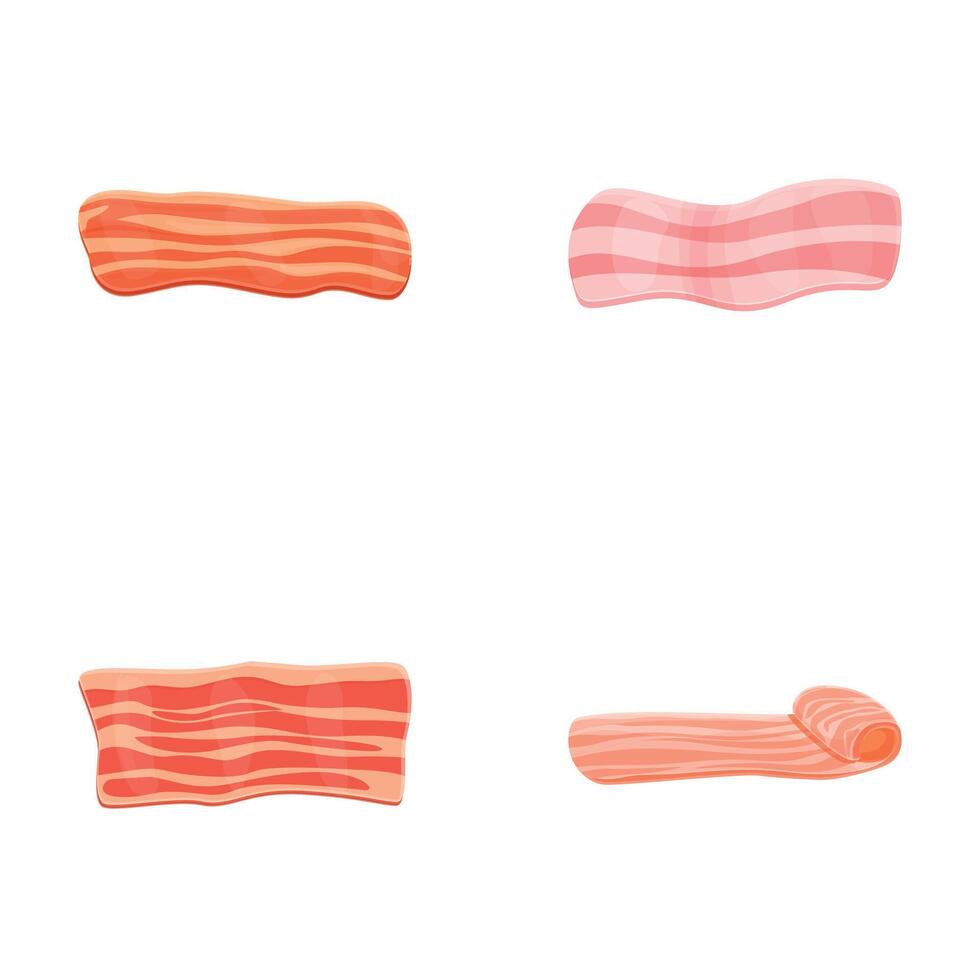 Bacon icons set cartoon vector. Fresh chopped piece of bacon vector