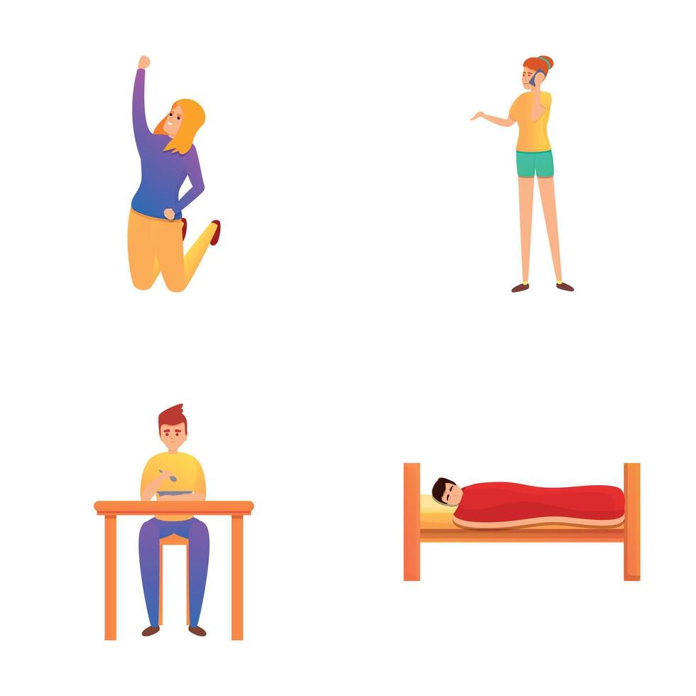 Daily activity icons set cartoon vector. Guy and girl doing different thing vector