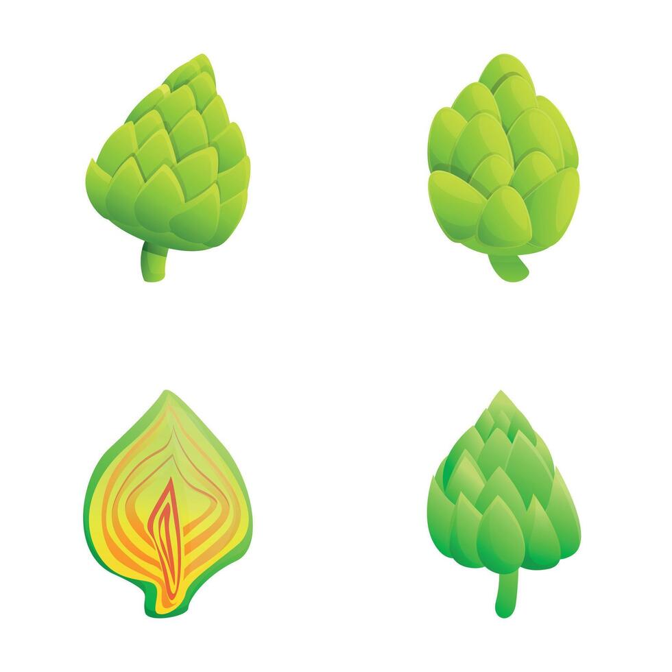 Fresh artichoke icons set cartoon vector. Whole artichoke and cut in half vector