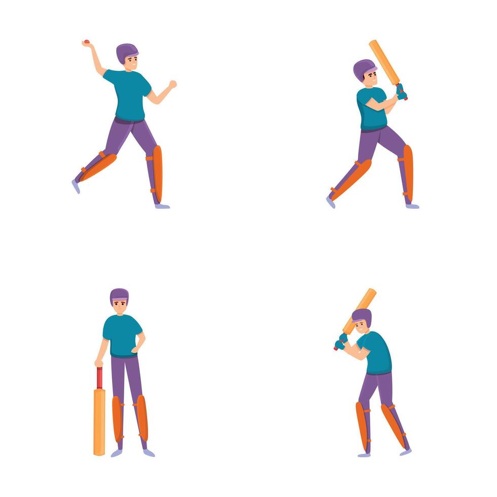 Batsman character icons set cartoon vector. Cricket player with bat and bowler vector