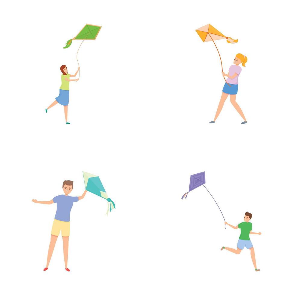 Summer holiday icons set cartoon vector. People with kite flying in sky vector
