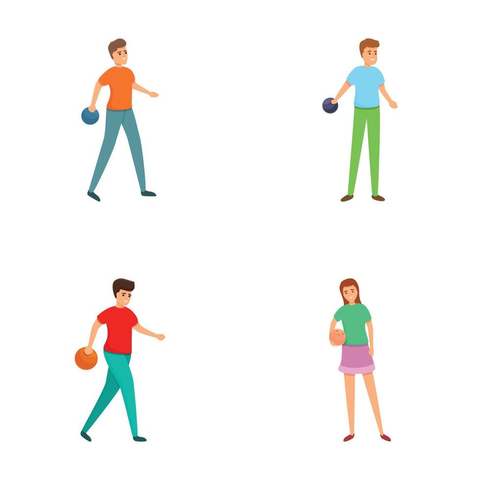 Bowling people icons set cartoon vector. Professional player prepare throw ball vector