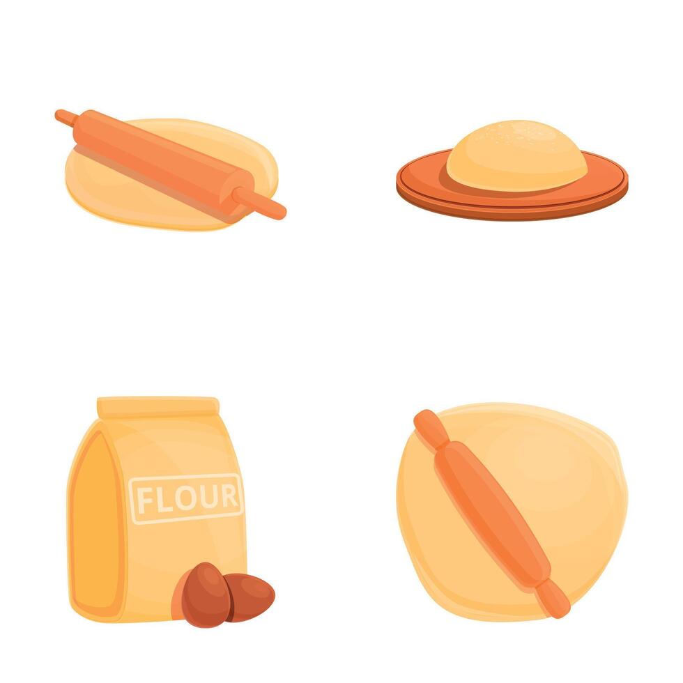 Preparing dough icons set cartoon vector. Kneading and rolling out dough process vector