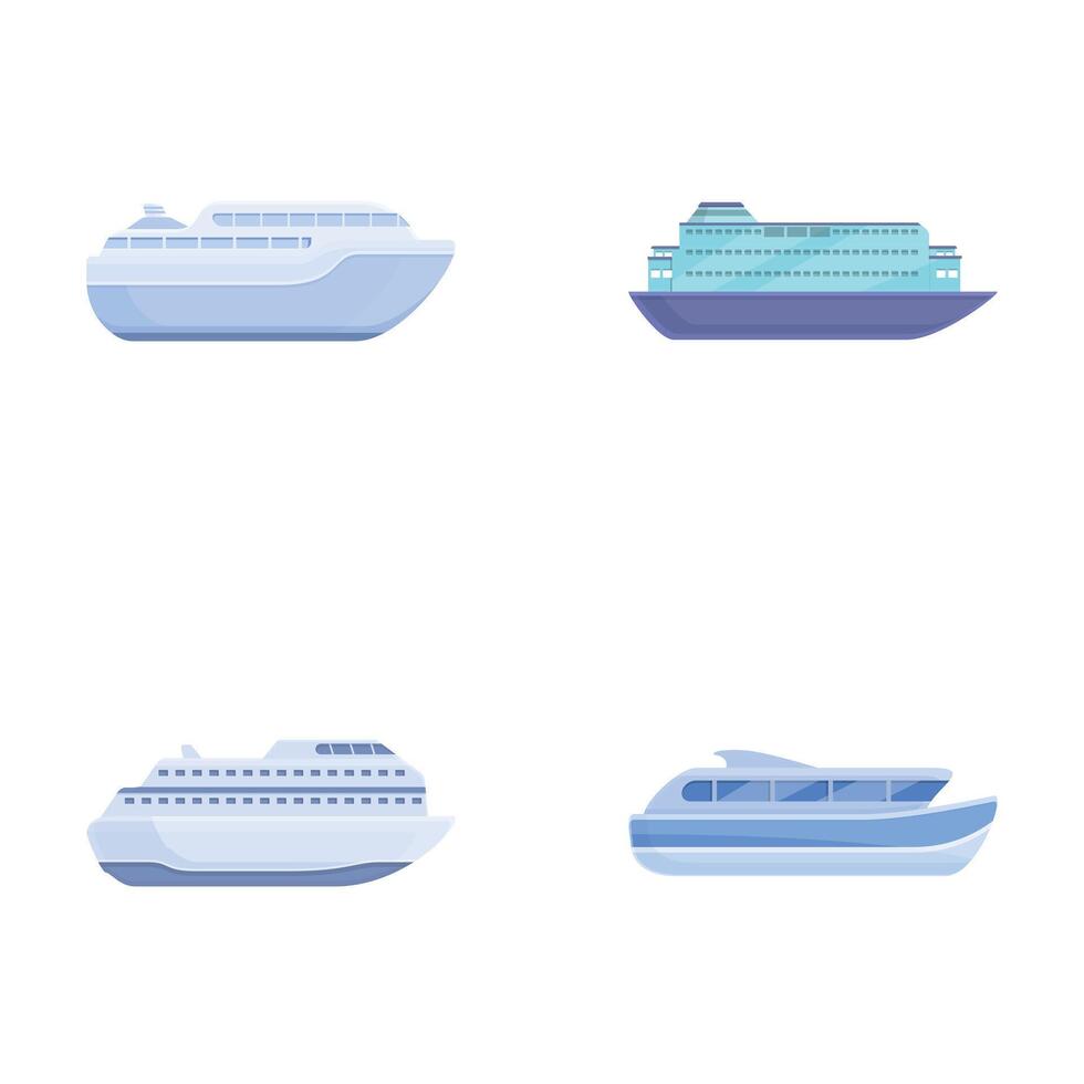 Cruise ship icons set cartoon vector. Various passenger or cargo ferry ship vector