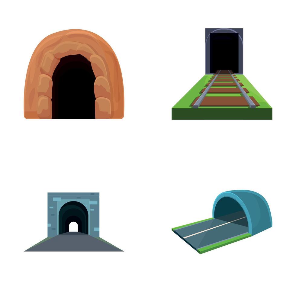 Various tunnel icons set cartoon vector. Interior of walkway tunnel road vector