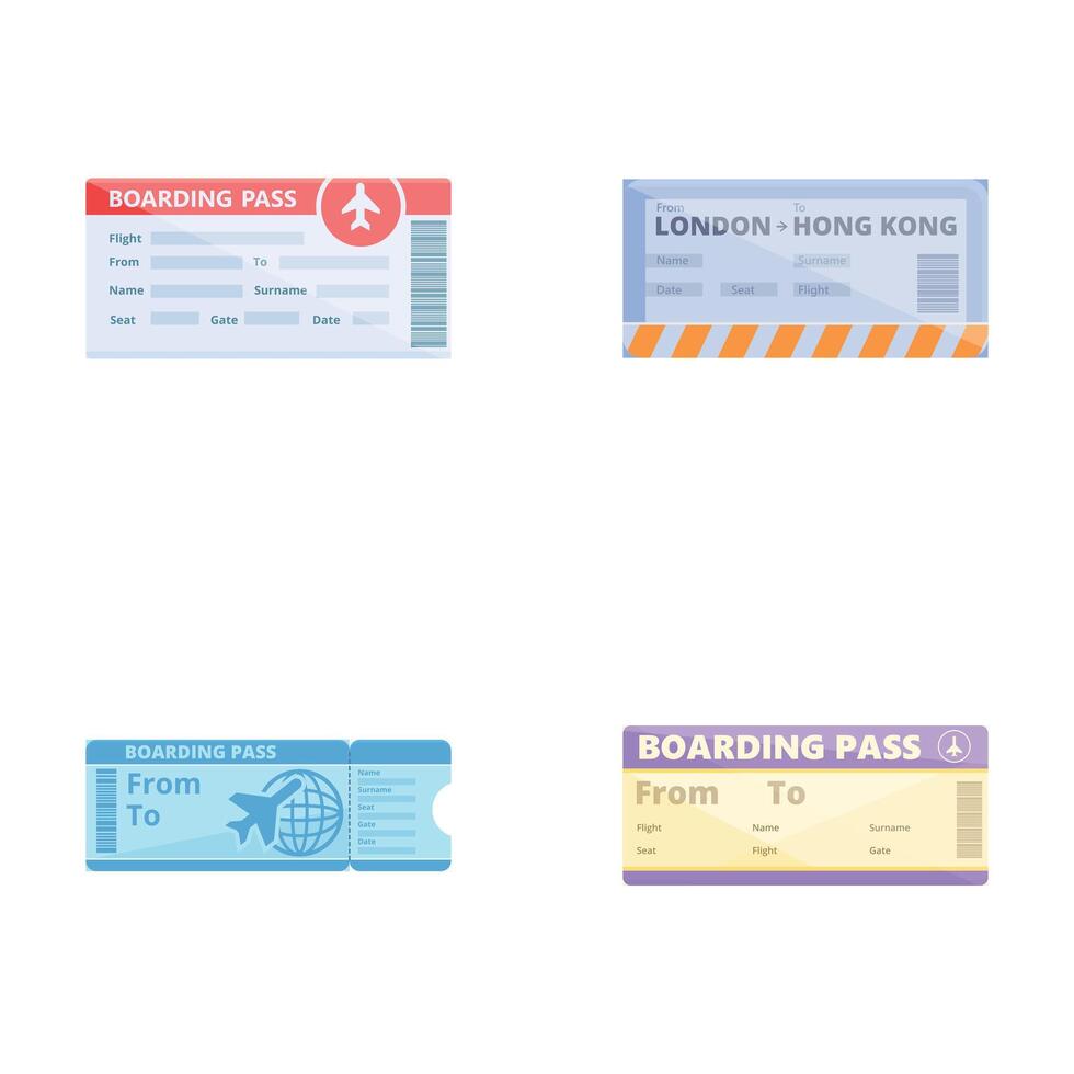 Airplane ticket icons set cartoon vector. Boarding pass for traveling by plane vector