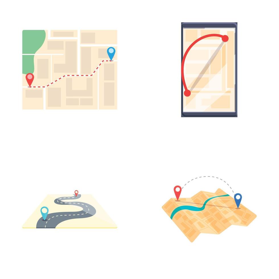 Gps smartphone icons set cartoon vector. Various navigation map on device screen vector