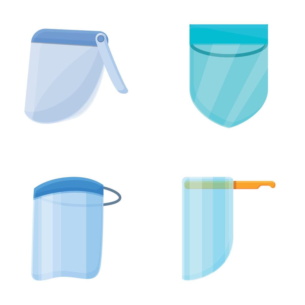 Protective mask icons set cartoon vector. Clear safety shield screen mask vector