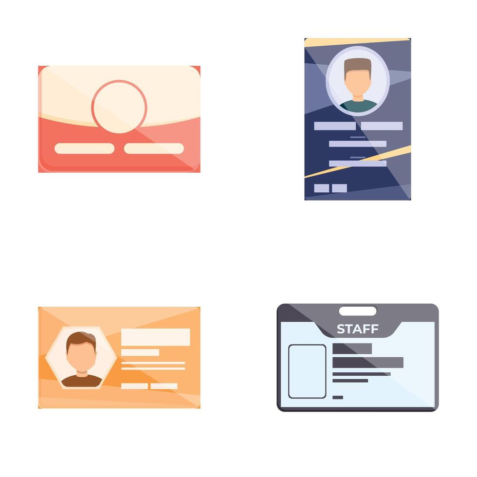 Id card icons set cartoon vector. Driver license, identity card or plastic card vector
