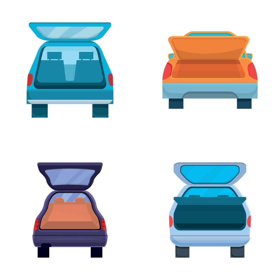 Auto trunk icons set cartoon vector. Minivan with open trunk vector