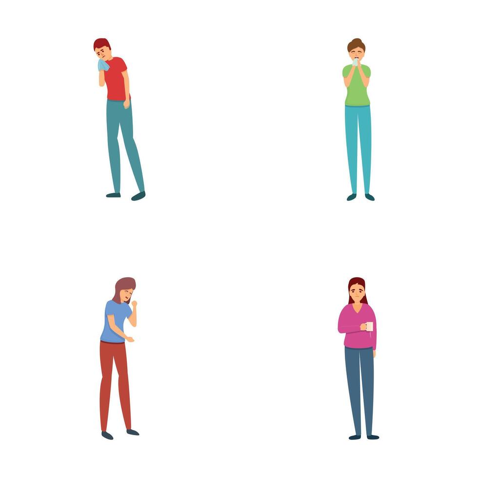 Flu symptom icons set cartoon vector. Sick men and women coughing and sneezing vector