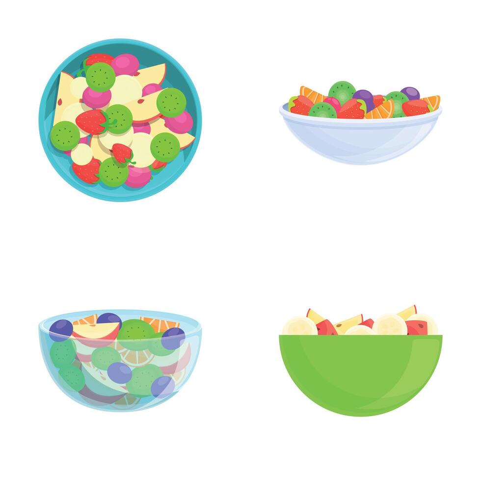 Useful salad icons set cartoon vector. Salad with fresh fruit and berry vector