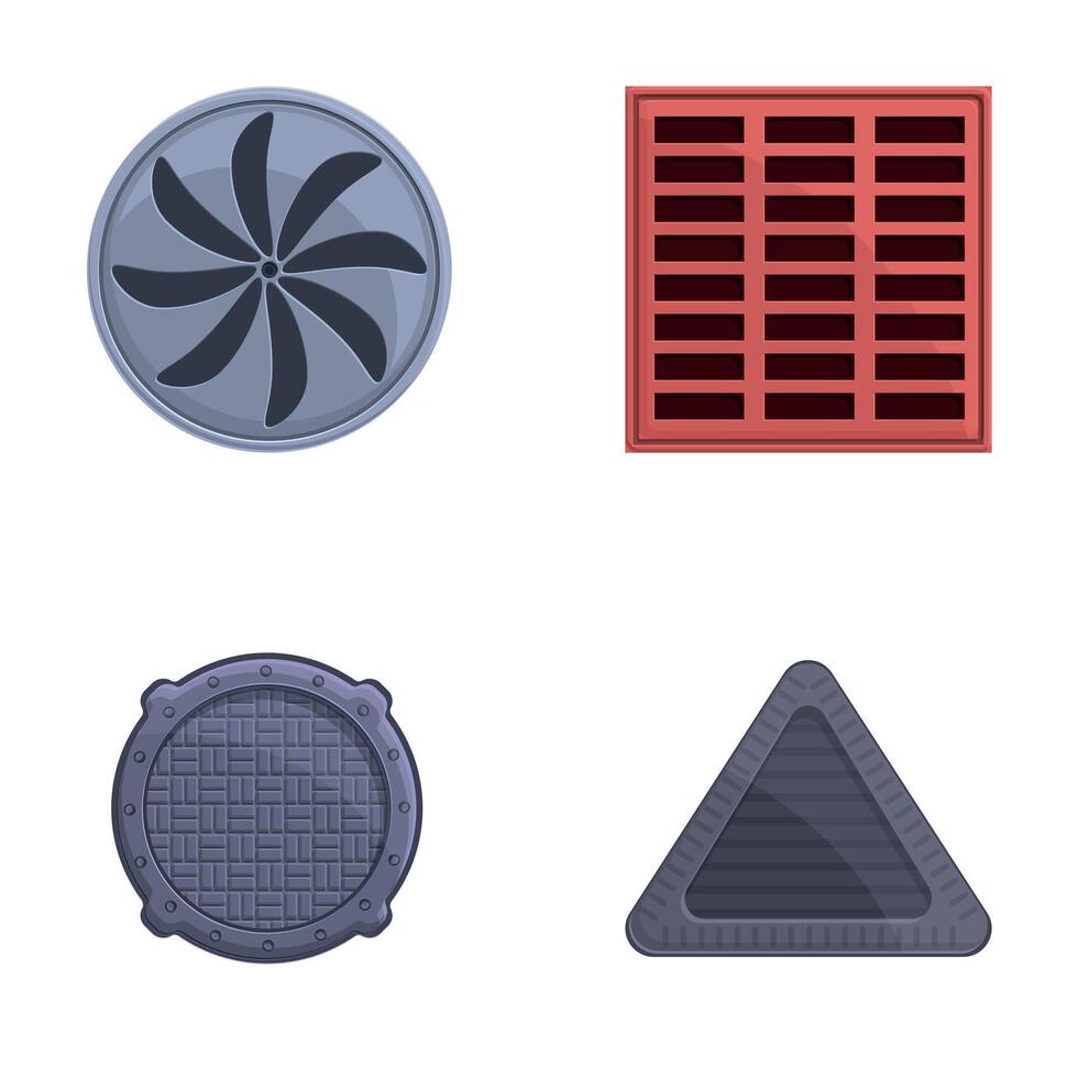 Iron manhole icons set cartoon vector. Road hatch of different shape and color vector
