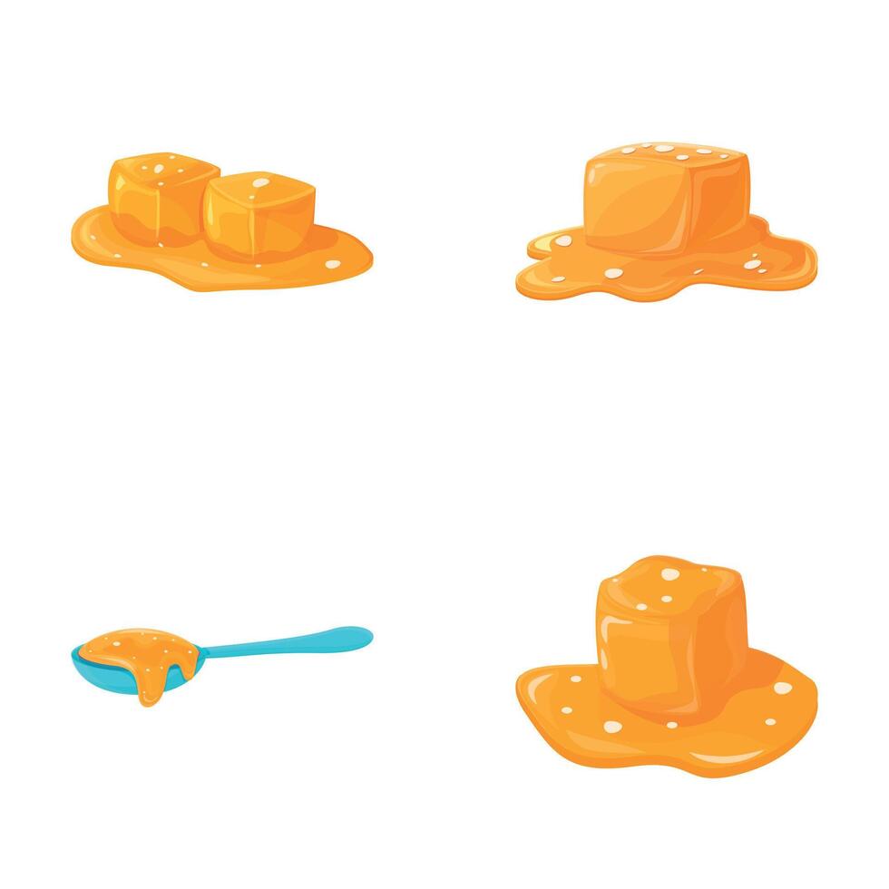 Toffee caramel icons set cartoon vector. Melted appetizing caramel cube vector