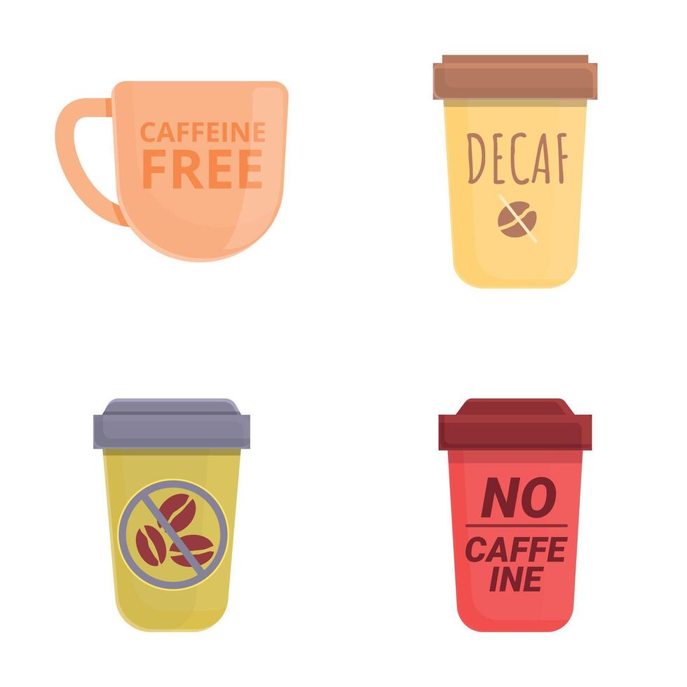 No caffeine icons set cartoon vector. Various cup of decaf coffee vector