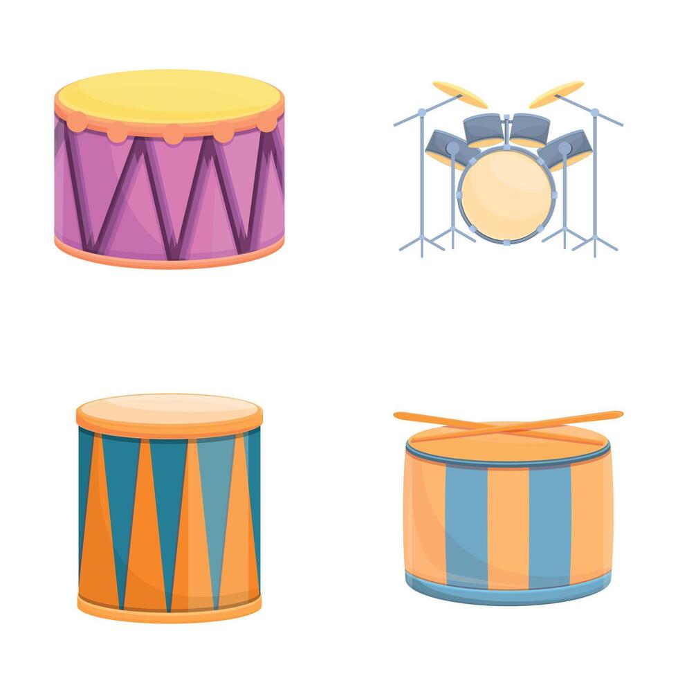 Percussion tool icons set cartoon vector. Drum of different style and color vector